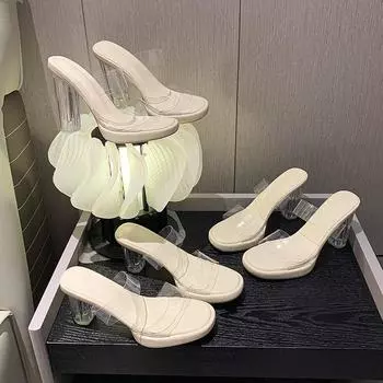 Crystal slippers Women Wear Summer Fashion fairy French Transparent High Heels Thick Heels Sandals Niche High-end Feel Sandals 36
