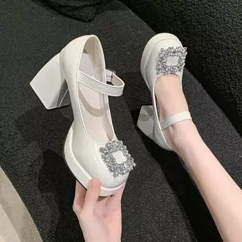 Crystal Square Buckle Mary Jane Shoes Women 2024 New Round Toe high heels Black Patent party pumps Fashion Women single shoes 4.5
