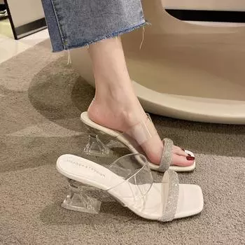 Crystal thick heel fairy style high heels 2024 summer new trendy foreign trade word with transparent heel sandals female half drag 35 хаки
