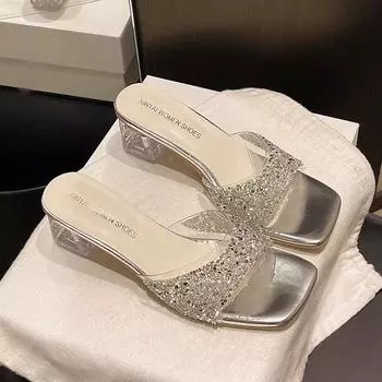 Crystal thick-heeled slippers women s summer wear new fashion rhinestone silver high-heeled sandals 35