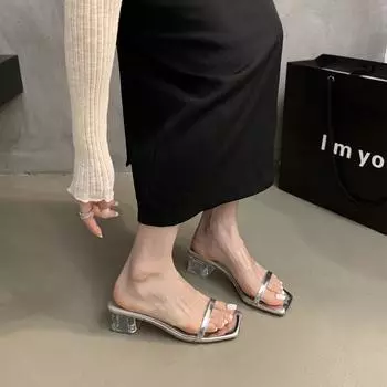 Crystal thick-heeled slippers women s summer wear 2025 new Korean version of French fairy evening breeze temperament one-word sandals 35 абрикосовый