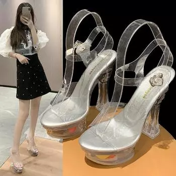 Прозрачный толстый каблук с цветочным перекрестным ремнем, женские туфли-лодочки на очень высоком каблуке, босоножки, свадебные туфли для подружек невесты 34