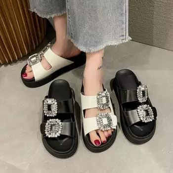 Crystal Women Flats Slippers Shoes 2024 Flip Flops Summer New Fashion Open Toe Beach Outdoor Black Sandals Slides Ladies Shoes 35 чёрный