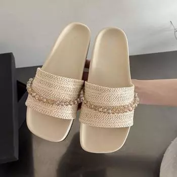 Crystal woven slippers women s summer outer wear new models are not tired, foot thick soles with skirts, casual square head sandals 35