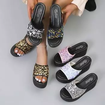 Crystals Wedges High Heels Slippers Leisure Summer Sandal Woman Shoes Women Platform Mules Slippers Slip on Outside Womens Shoes 34 чёрный