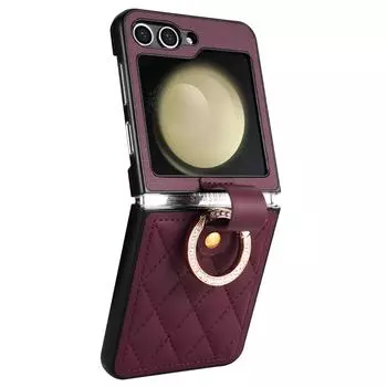 CSJ-P2 Для Samsung Galaxy Z Flip6 5G/Z Flip5 5G Чехол Прострочка Кожаный Чехол для Телефона Кольцо Подставка Wine Red