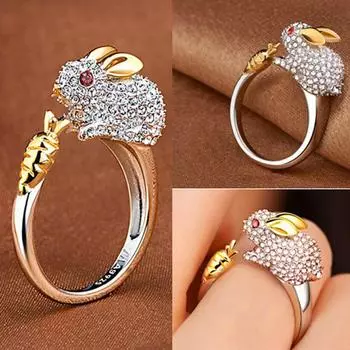 Cubic Zirconia Open Wedding Adjustable Rings Cute Bunny For Women Animal Rabbit shape Rings Jew W5A1 white-null