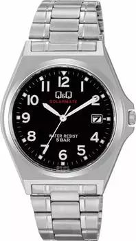 [Cue and Cue] Аналоговые солнечные водонепроницаемые часы с датой, металлическим ремешком, черный циферблат, H060-205, мужские серебристые