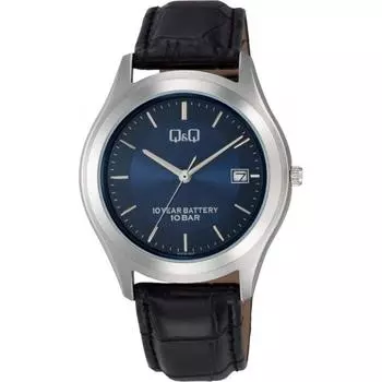 [Cue and Cue] Аналоговые водонепроницаемые кожаные часы с ремешком и датой, темно-синий циферблат W478-302, мужские, черные