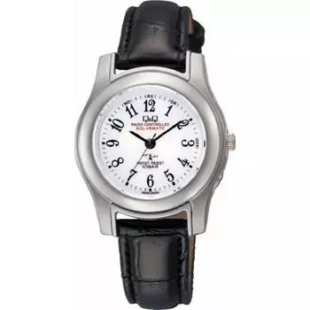 Cue and Cue Watch Analog Radio Solar Waterproof Leather Strap HJ03-304 Women s Black