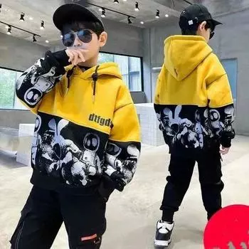 CUHK Детская весна-осень 4-14 лет Мальчики Пальто с капюшоном Повседневная толстовка Свободная хлопковая одежда с длинным рукавом 110 чёрный