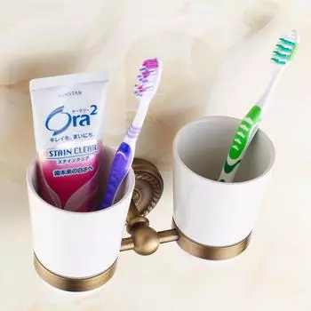 Cup & Tumbler Holders 2 Ceramic Cups Antique Brass Toothbrush Double Cup Holder Wall Bathroom Accessories Tumbler Rack HJ-1303F