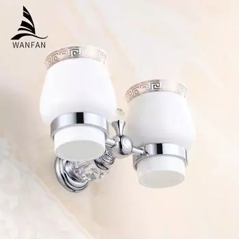 Cup & Tumbler Holders Crystal Brass Ceramic Cup Bathroom Accessories Chrome Double Tumbler Holders Toothbrush Cup Holders HK-32