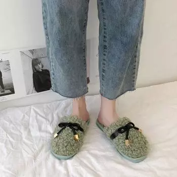 Curly Bowtie Slippers for Women Fashion Winter Indoor Baotou Cotton Shoes Home Floor Anti Slip Flat Bottom Casual Shoes Trend 36-37 белый