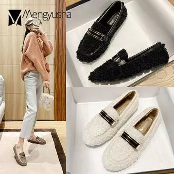 Curly Wool fur moccasins woman metal buckle fur flats ladies winter cotton shoes slip on warm plush loafers plus size 34-44 4.5 чёрный