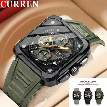 CURREN Часы-хронограф для мужчин Светящиеся стрелки Спортивный уникальный квадратный циферблат с автоматической датой Водонепроницаемые наручные часы Силиконовый ремешок зелёный