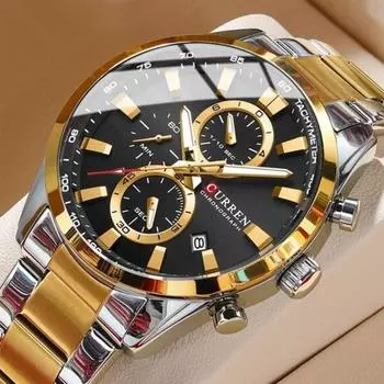 CURREN Кварцевые наручные часы с хронографом для мужчин из нержавеющей стали, водонепроницаемые многофункциональные часы CHRONO DATE, роскошные мужские спортивные часы чёрный/золотой