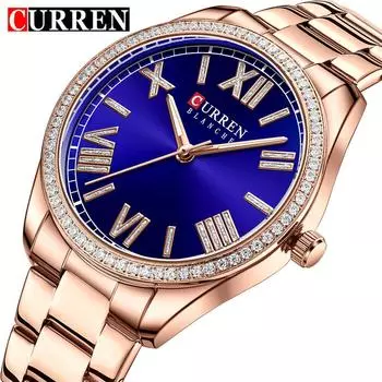 CURREN Новые женские часы из стали с кварцевыми часами Простые часы со стразами Женские часы с римской шкалой