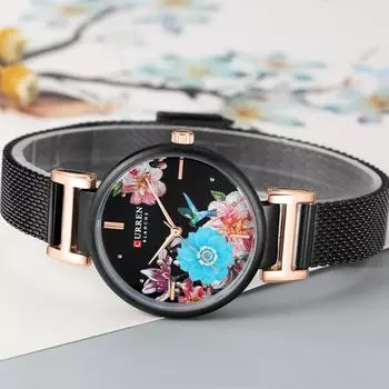 CURREN повседневные женские часы с уникальным цветочным циферблатом, кожаные наручные часы для женщин, кварцевые часы чёрный