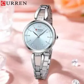CURREN Quartz Watches Women Elegant Bracelet Stainless Steel Strap Rhinestone Fashion Ladies Simple Watch Gifts светло-синий