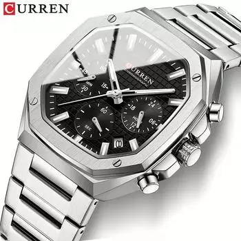 CURREN Роскошные квадратные винтажные кварцевые часы с люминесцентным модным циферблатом с датой и хронографом из нержавеющей стали для мужчин и женщин 8459 чёрный