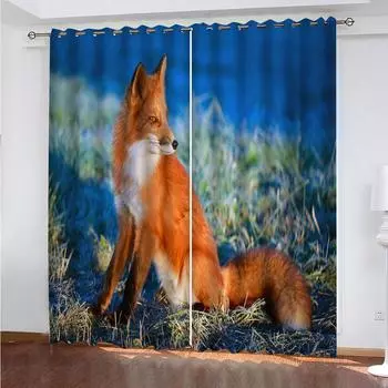 Шторы Blackout 3D Animal Fox Bedroom Winodw Curtain Set For Living Room 2 Pieces Free Shipping, Шторы для детской комнаты W70xH160cmx2&Grommet Top
