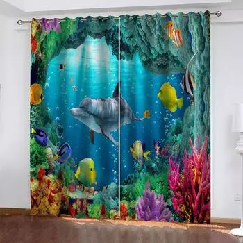 Curtains For Large Windows Of Living Room 3D Underwater Sea Animals 2 Pc High Blackout Perforated Curtains For House Rooms W70xH160cmx2&Grommet Top