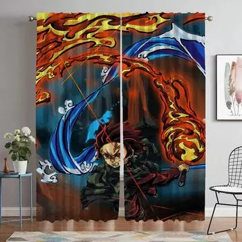 Curtains for Living Room Curtain Demon Slayer Home Interior Curtains 2 Pieces Tulle for Bedroom Shades Halloween Decoration W50xH70cmx2pcs-CL