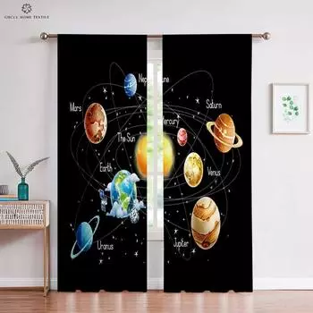 Custom Cartoon Animation Window Curtains, Universe Star Pattern, Bedroom, Living Room, Kitchen Decorative Curtains, 2 Pieces W50xH130(CM)x2PCS&Rod pocket