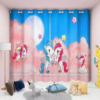 Custom Cartoon Unicorn Curtains Girls Children s Room Cute Princess Pink Semi-Blackout Bedroom Blinds Floor-to-ceiling Windows (50Wx50H)x2(CM)&Rod Pocket