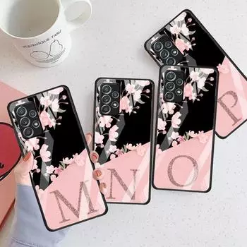 Custom Cherry Blossom Flower Initial M Glass Case For Samsung Galaxy A52 A71 A50 A51 A70 A21s A31 A72 A10 A12 A22 5G Phone Cover Samsung A53 5G