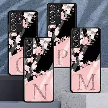 Custom Cherry Blossom Flower Initial M Glass Case For Samsung Galaxy S22 S20 FE S21 Plus Phone Cover S10 5G S9 Note 20 10 Shell Samsung S22 Ultra 5G