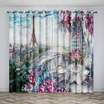 Custom Made Drape Curtains for Kids, Eiffel Tower, Afternoon Tea Garden, Cloth for Boy, Girl, Bedroom, Living Room, Bedroom 100W160H(CM)40x63in&Hook