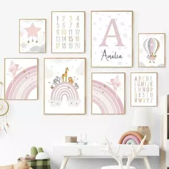 Имя пользователя Розовый холст Картина животное Радуга Воздушный шар Звезда Настенные художественные принты Детская NordicPosters Картины Девочка Спальня Декор 21x30cm No Framed