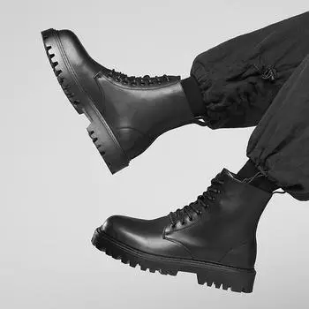 [Customized] 2024 autumn and winter Martin boots men s handsome short boots British round head fashion medium leather boots 12512-H 38 чёрный