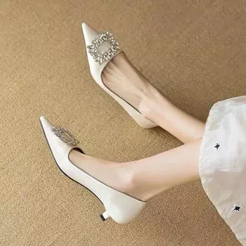Customized 236-2 pointed single shoes women s rhinestone Korean version fine heel French shallow mouth fairy style temperament high heel women s shoes 34 бежевый