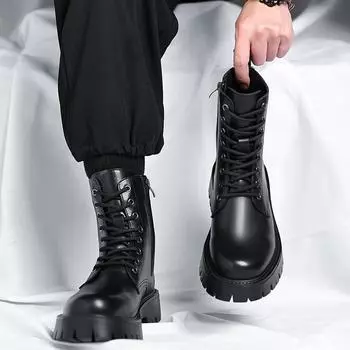 [Customized] British style versatile Martin boots men s autumn and winter zipper tooling locomotive high-top leather boots 96118-R 38 чёрный