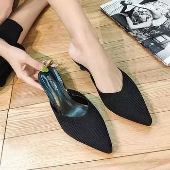 Customized knitted pointed toe versatile summer 2024 new low-heeled baotou slippers in stock 34 чёрный