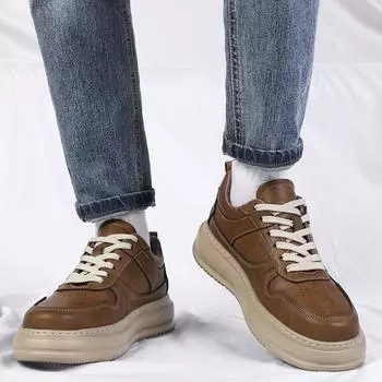 [Customized] Leather shoes men s 2025 spring and autumn new low-top retro heightening breathable leather surface sports and leisure board shoes 38 жёлтый