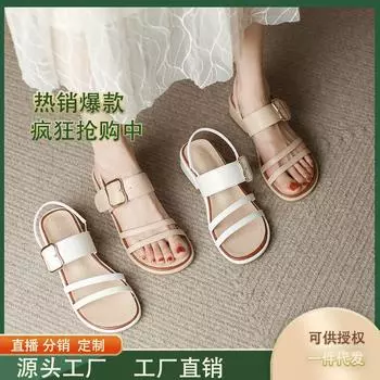Customized sandals summer thick heel one-word belt buckle 2024 new versatile beach shoes flat Roman sandals women 34 белый