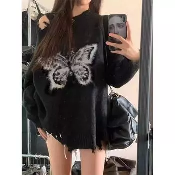 Вырезанный один вырез на плече черный вязаный свитер с бабочкой пуловер для женщин 2024 y2k одежда 2000-х годов harajuku готический гранж трикотаж S чёрный