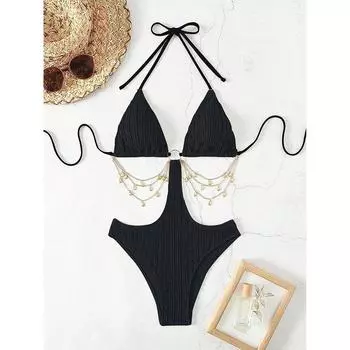 Cut Out Halter Swimsuit One Piece Printed Swimwear Women Sexy Bathers Bathing Swimming Swim Suit Female Beachwear S