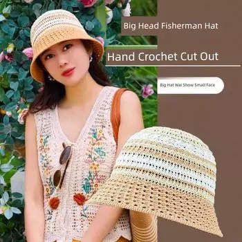 Cut Out Knitted Fisherman Hat Women 2025 Summer New Korean Style Contrast Color Bucket Hat Show Face Small and Thin Breathable Bucket Hat Kakh
