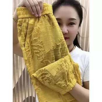 Cut Out Thin Loose Lace Breathable High Waist Pants Orange L