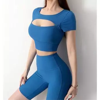 Cut Out Yoga Clothes Women s Thin Breathable Running Training Workout Short Sleeve T-shirt Pilates Blouse Sports Tops Summer Blue L (52.50kg -60.00kg)