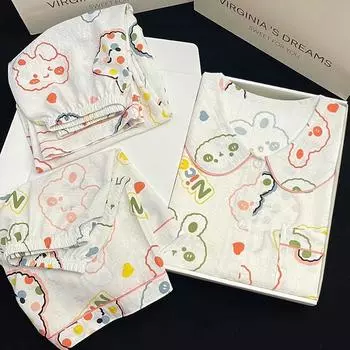 Cute 3-Piece Women s Pajamas Babydoll Collar Wrinkled Fabric Sleepwear Summer Flower Art Homewear M