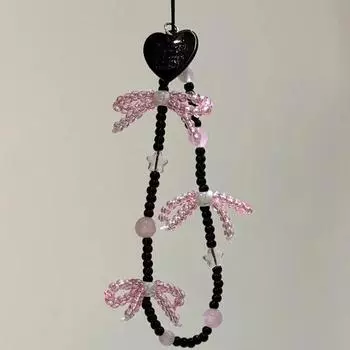 Cute 3D Black Pink Korean Bowknot Beaded Phone Chain For Phone Camera Hanging Rope Pendant Anti-Lost Lanyard Hanging Jewelry