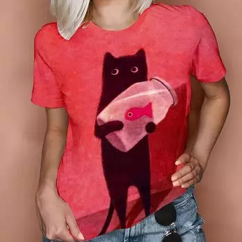 Милые 3D футболки с изображением мультяшного кота, женские футболки с коротким рукавом, винтажные мягкие женские футболки с круглым вырезом, большие размеры S