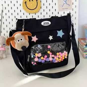 Cute Accessory Puppy Pendant Shoulder Bag Five-Pointed Star Tote Bag Color Ball Decorate Handbag & Purse Fashion School Cross 32x30x12cm