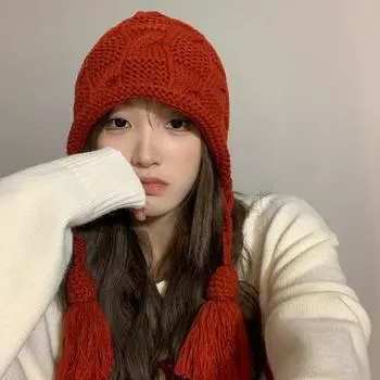 Cute acting cute strap ball knitted ear hat schoolgirl soft girl warm bag head wool hat autumn and winter M56-58cm чёрный